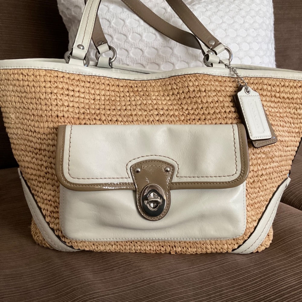 Coach Tan Straw Tote with Cream and Taupe Leather Trim - Picture 6 of 9